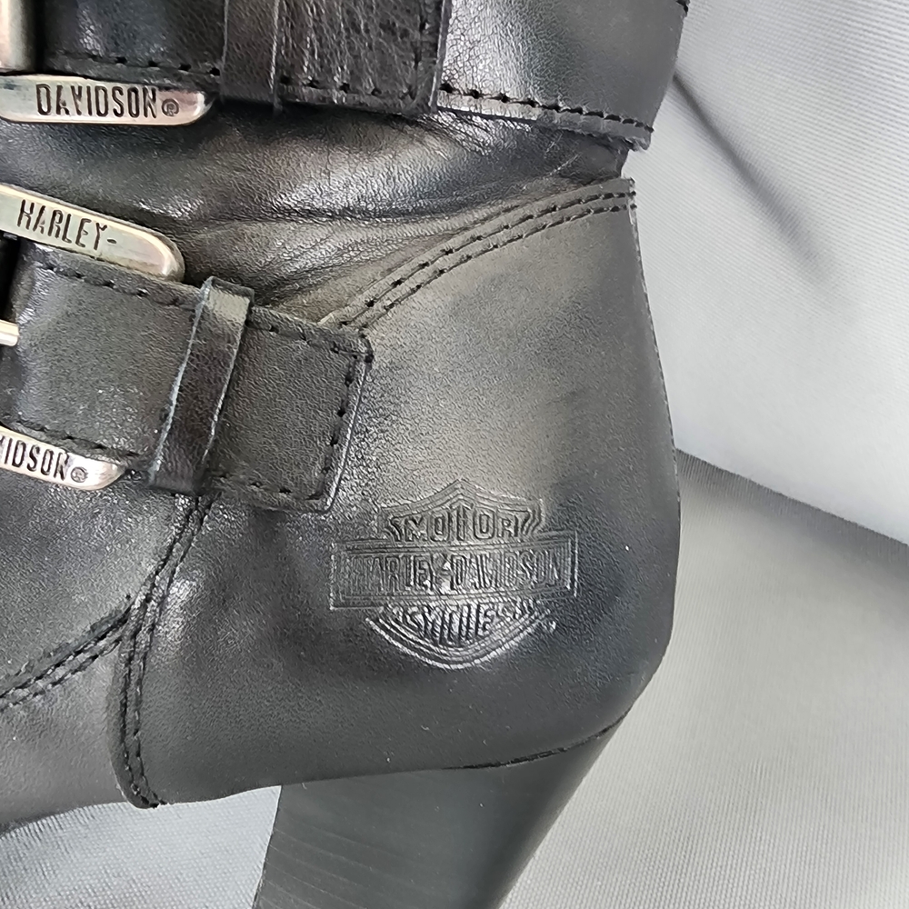 Harley-Davidson Black Strapped Leather Heeled Knee Boots - Picture 6 of 7